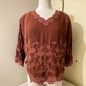 Mind Set XCVI Women's Size S/M‎ Brown Floral Embroidered Rayon Blouse Bohemian